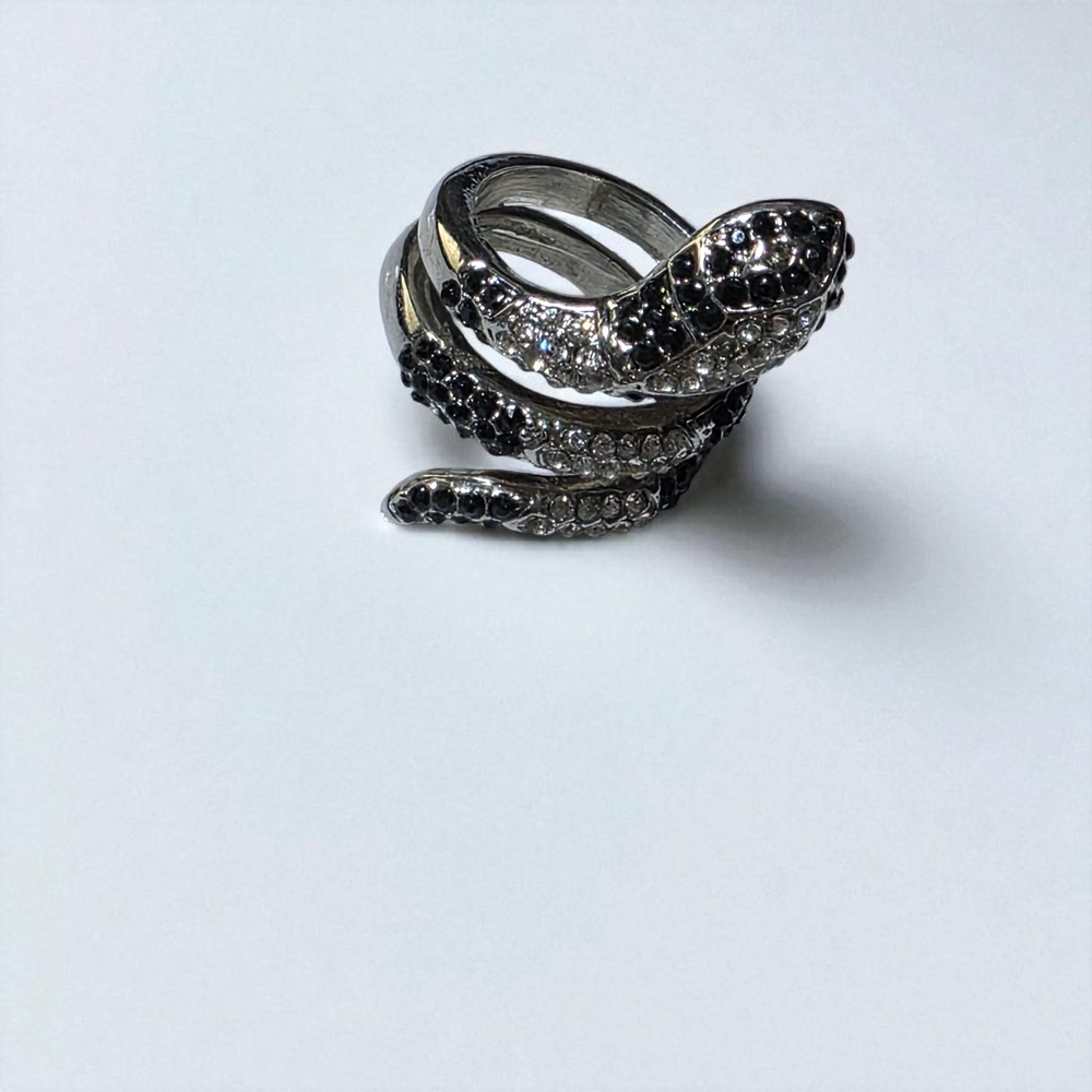 Silver Rhinestine and Black Snake Ring